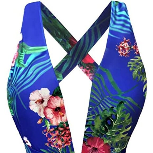 BLUE TROPICAL PLUNGE V-NECK CRISSCROSS HALTER ONE PIECE SWIMSUIT SIZE MEDIUM NWT - Picture 2 of 13